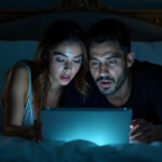 Coppia a letto che guarda un tablet con espressione riflessiva