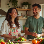 Coppia che prepara un pasto sano insieme e sorride
