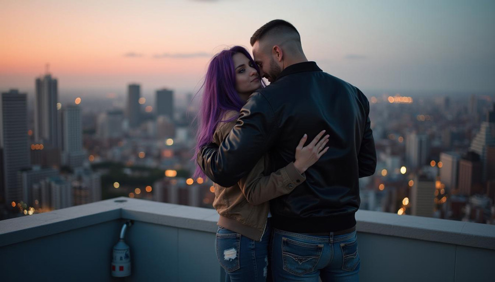 Coppia che si abbraccia con complicità e serenità