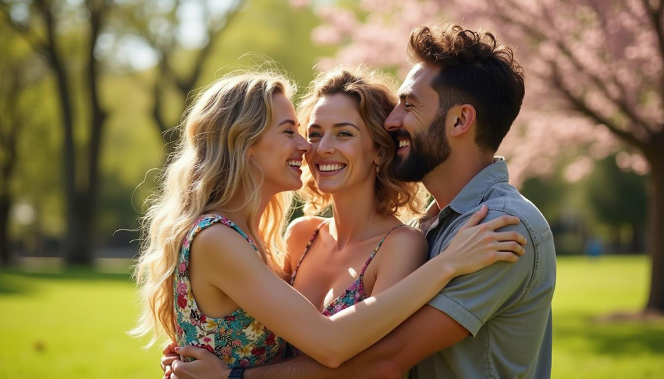 Gruppo poliamoroso che si abbraccia serenamente